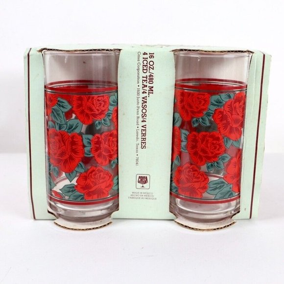 Vintage Crisa Red Roses Green Leaves Tumblers Set Of 4 16 OZ NEW - Picture 1 of 7